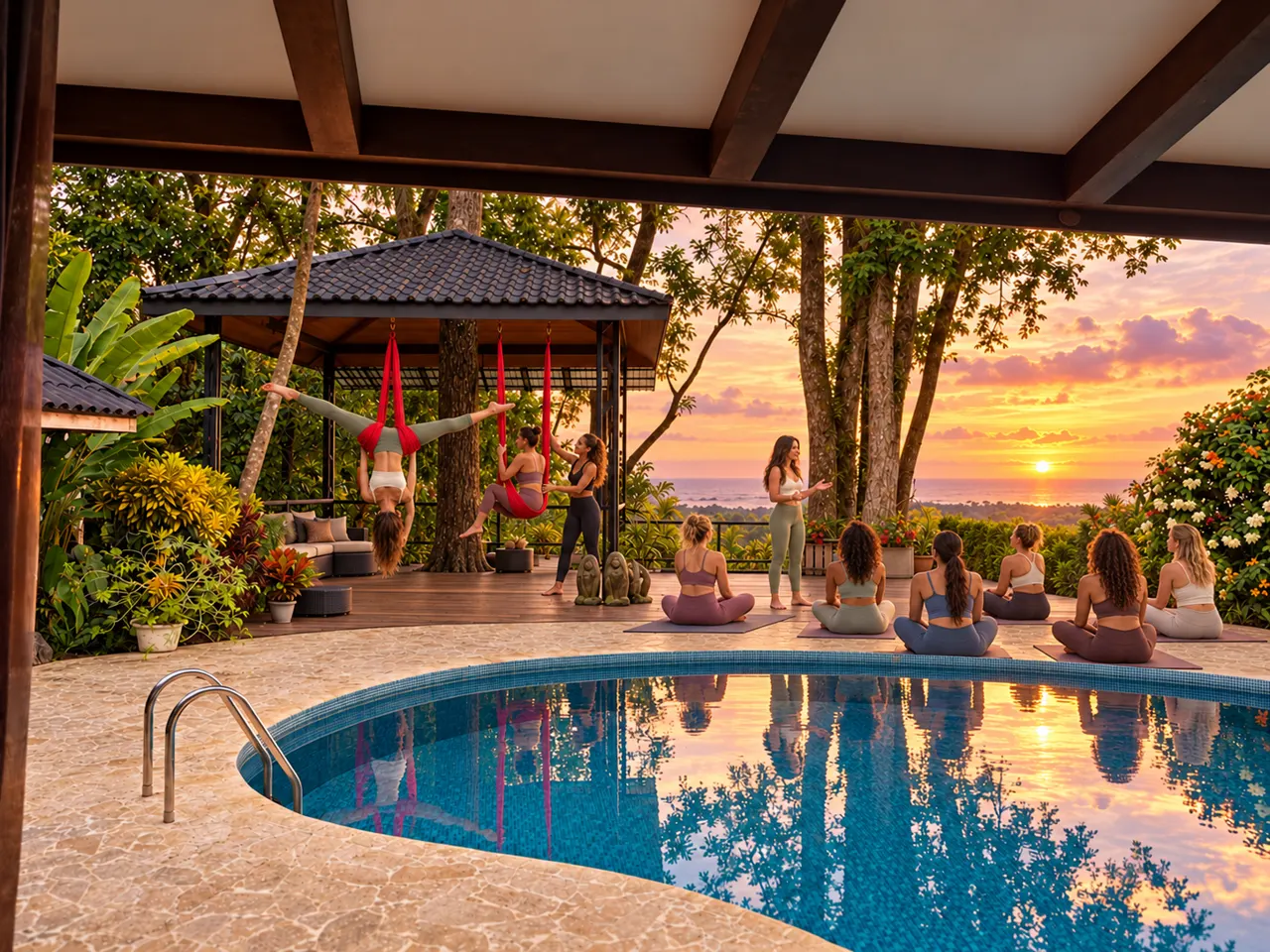 An aerial split and supported hammock practice beside a seated sunset yoga class with Kara