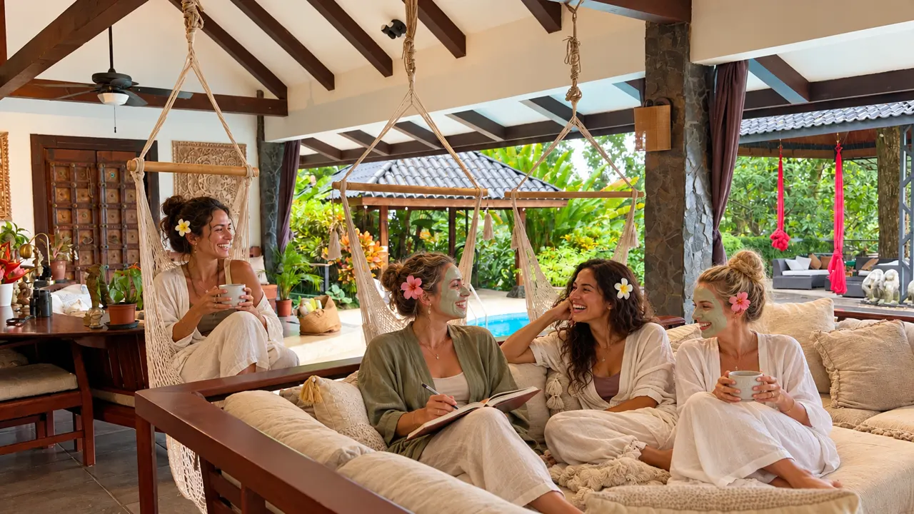 Women sharing journals, face masks and laughter in the retreat lounge
