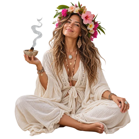Woman sitting cross-legged with a flower crown and a gently smoking incense bowl