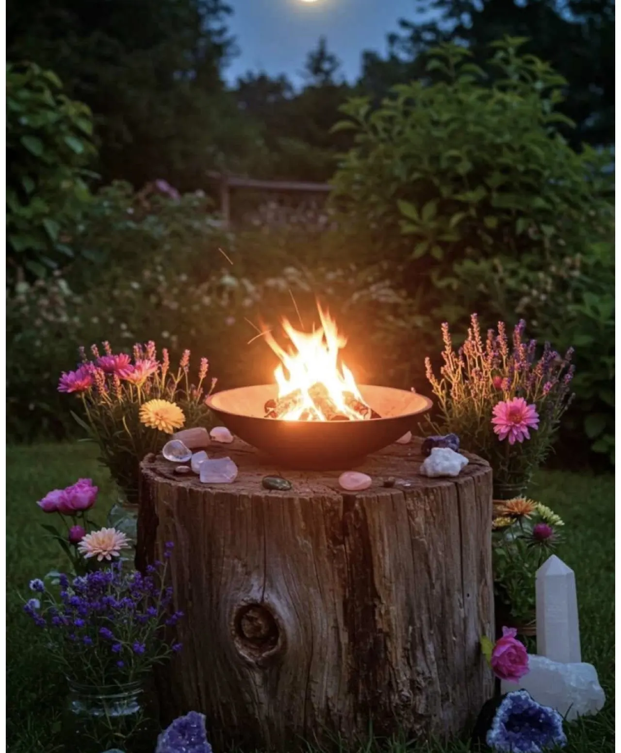 A glowing fire bowl surrounded by flowers and crystals