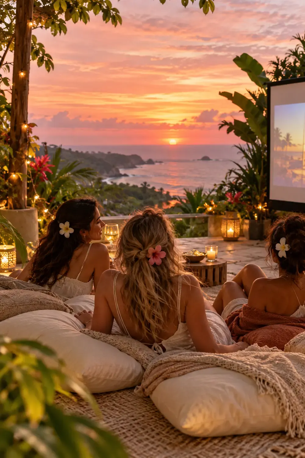 Women with flowers in their hair enjoying an outdoor movie night above the ocean at sunset