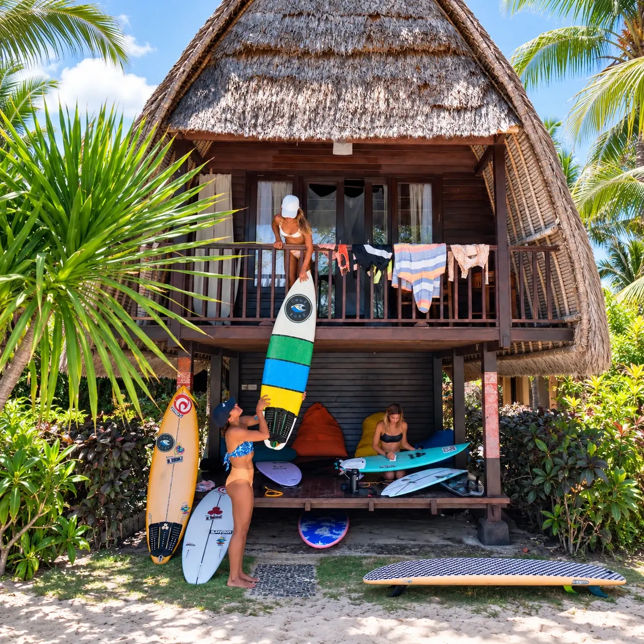 Friends passing a surfboard at the True Surf hut