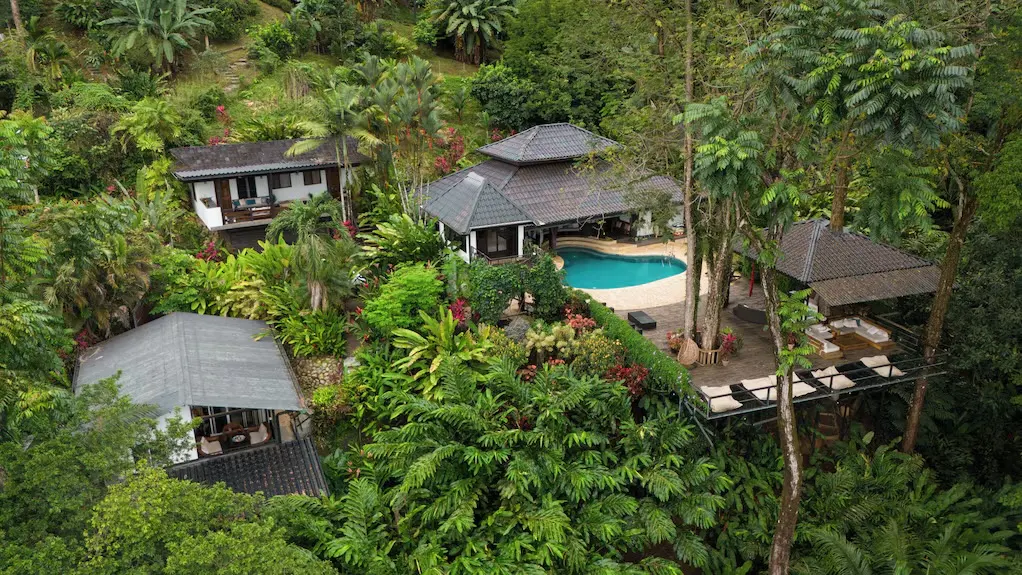 The original aerial view of the retreat villas, gardens and pool