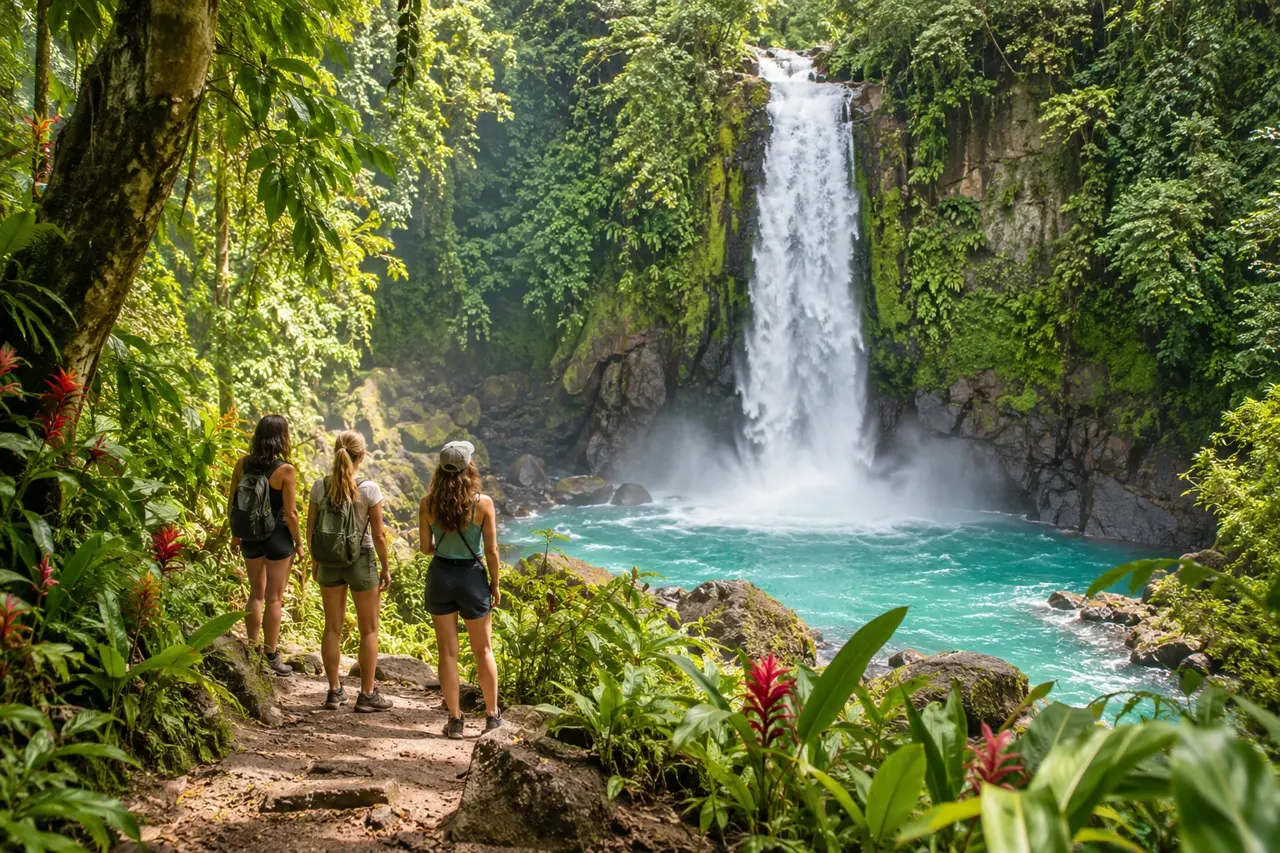 A cascading waterfall and turquoise pool surrounded by lush tropical rainforest